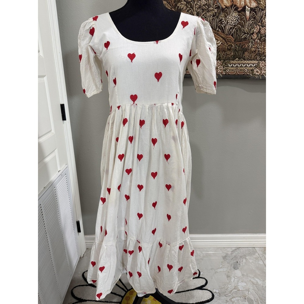 Dress Womens Small White Valentine Heart Embroidered Puff Sleeve Midi Sundress